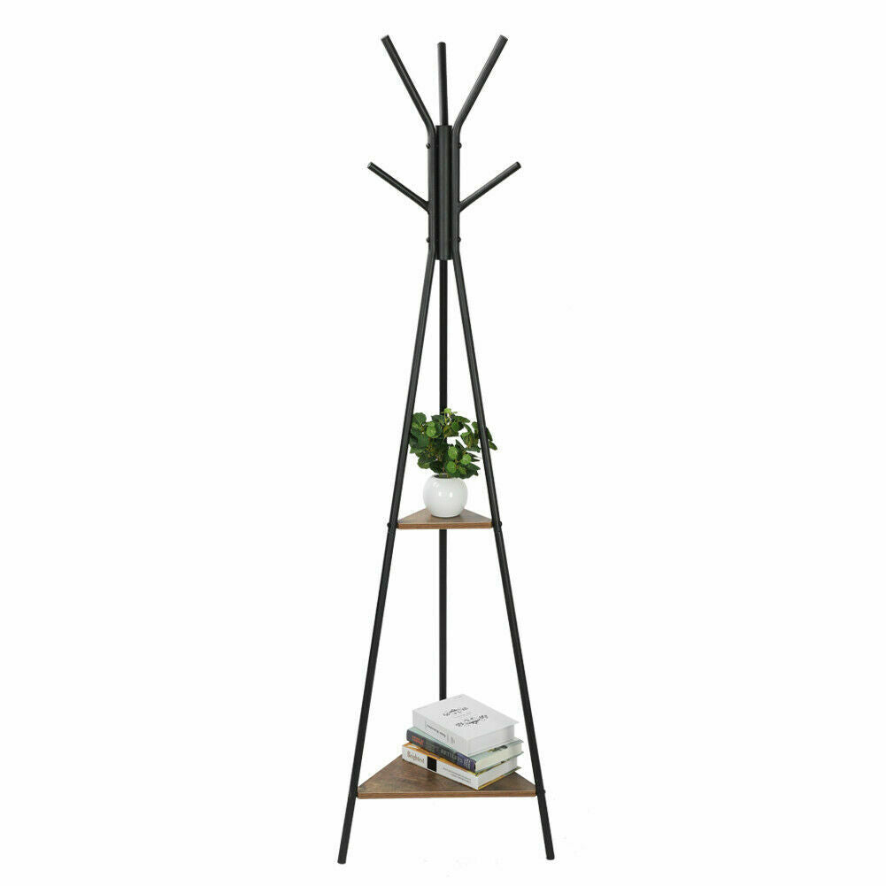 Tall Coat Stand 9 Hooks Clothes Storage Shelves Hat Freestanding Hallway Bedroom