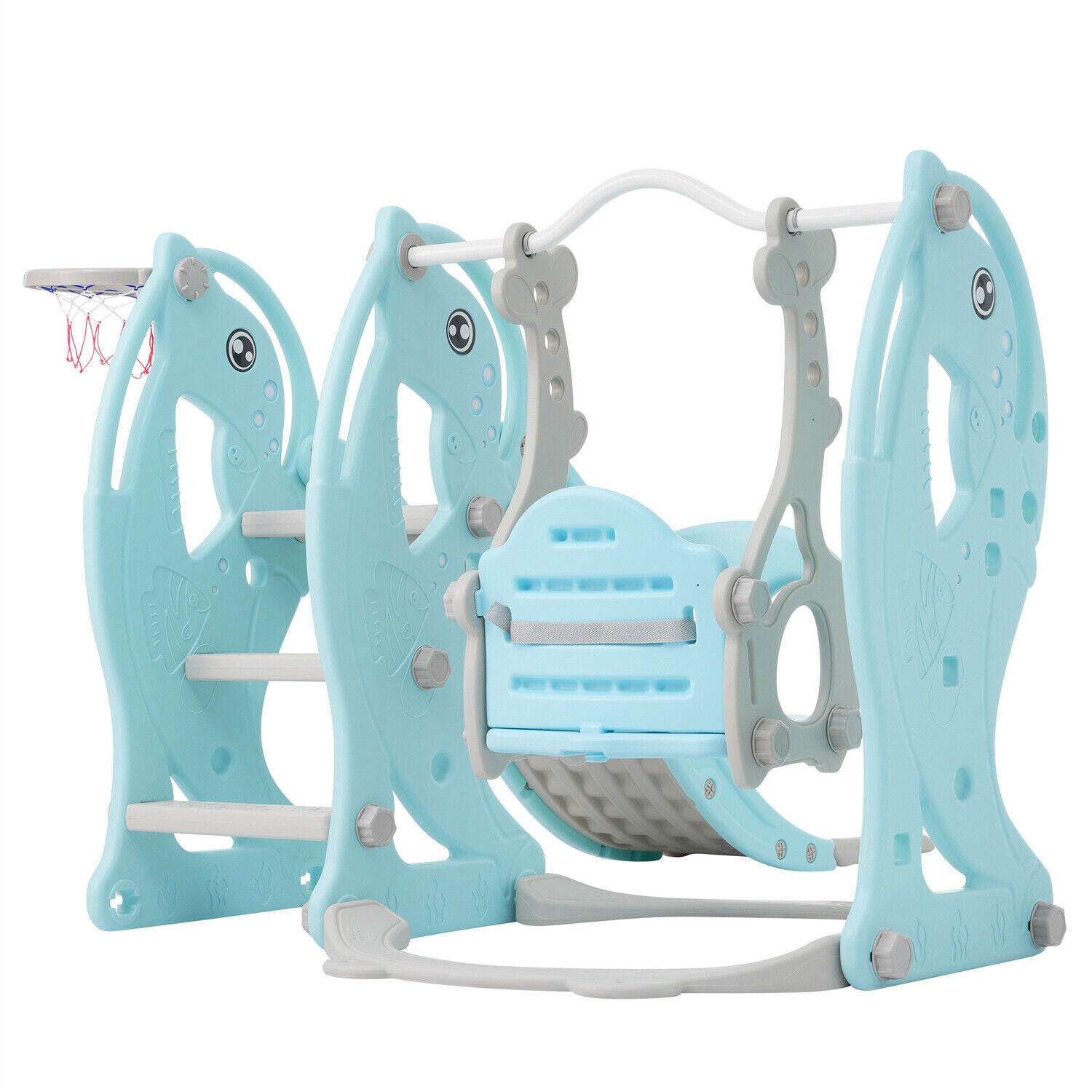 4 in 1 Kids Toddlers Swing & Slide Climber Set w/ Basketball Hoop In/Outdoor HT