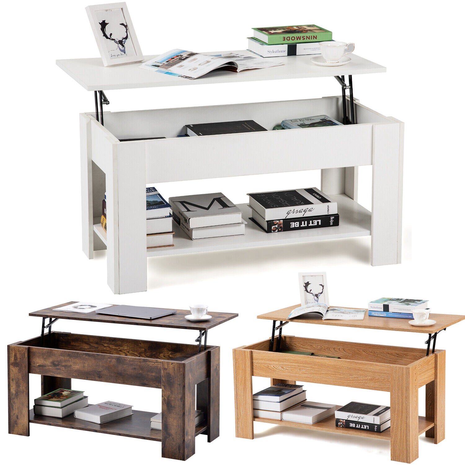 2 Tier Coffee Table With Lift Up Top Wood Living Room Sofa Table Storage Shelf