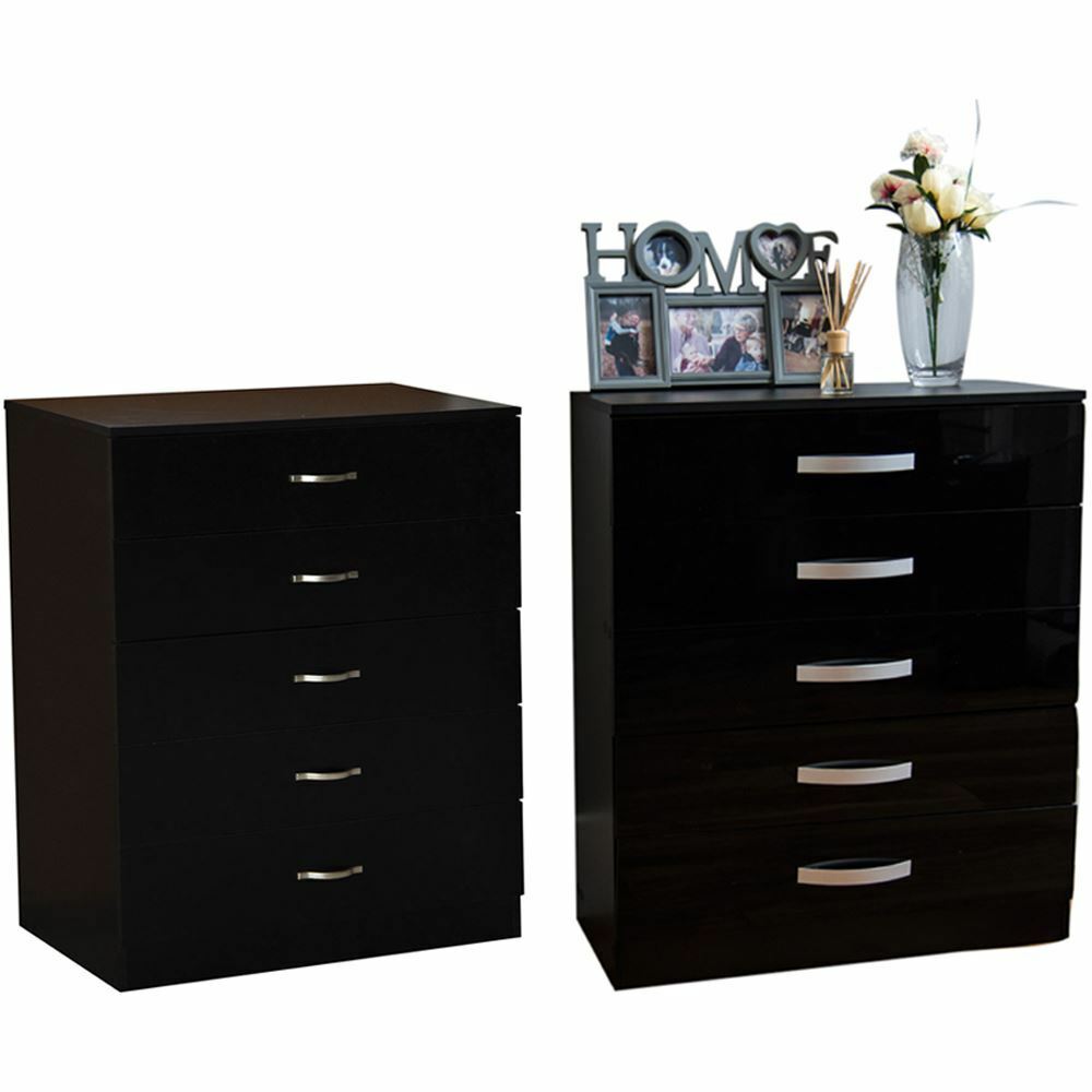 5 Drawer Chest Wood High Gloss Bedroom Furniture Storage Unit Black