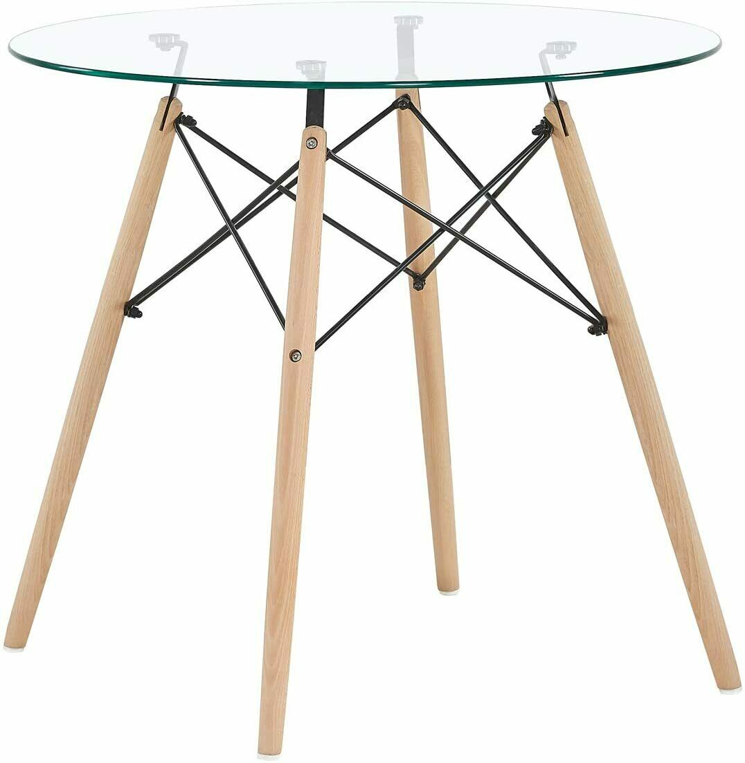 Round Dining Table, Scandinavian Glass Top Kitchen Table with Solid Beech Legs