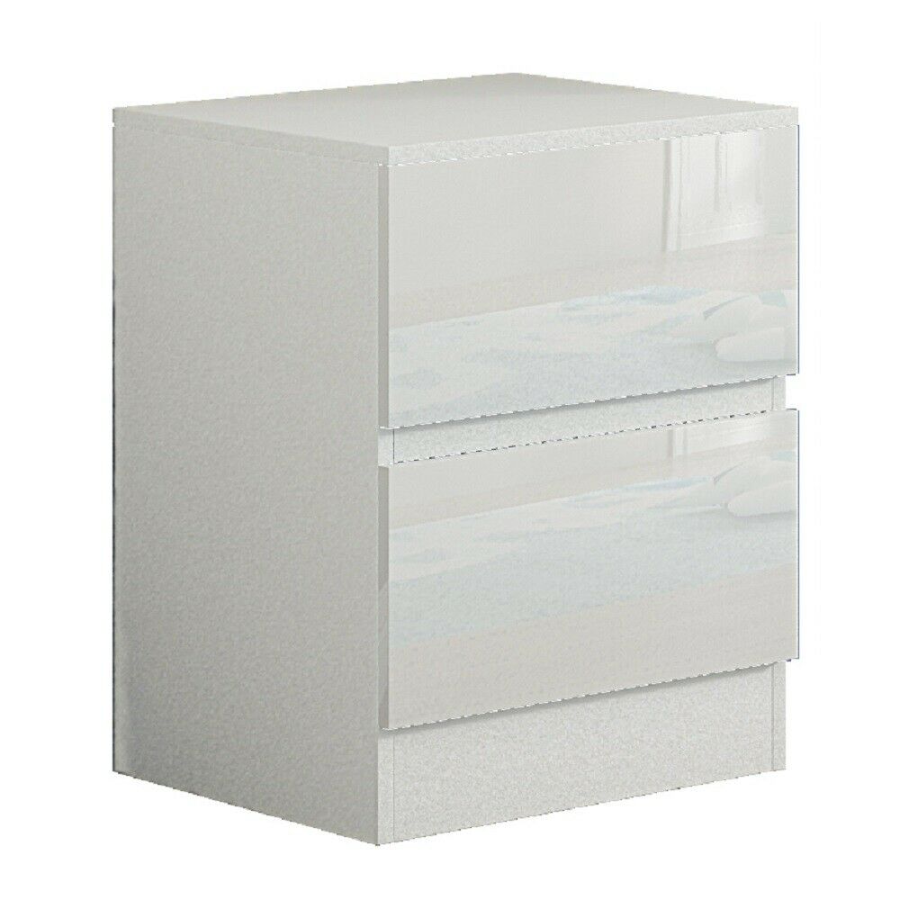 White Bedside Cabinet 2 Drawers. Gloss Fronts Matt Frame. Large Modern Design