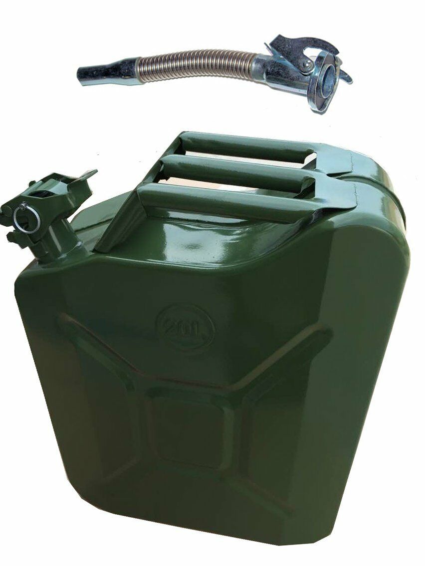 METAL FUEL JERRY CAN DIESEL PETROL OIL 20 LITRE GREEN MILITARY + Flexy Spout