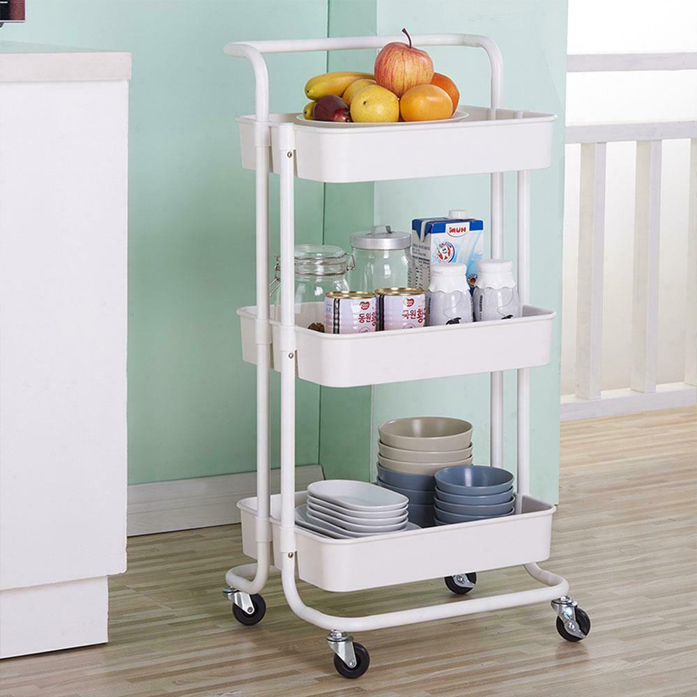 3 Tiers Rolling Cart Storage Trolley on Wheels Compact Kitchen Trolley