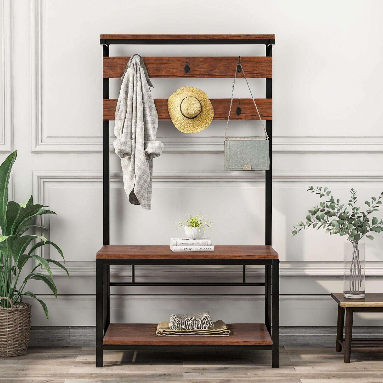 Industrial Coat Rack Stand Bench Clothes Hanging Shoes Storage Free Standing