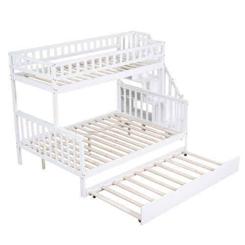 3ft & 4ft6 Kids Wooden Bunk Beds with Stairs and Pull Out Trundle Bed Frame HT