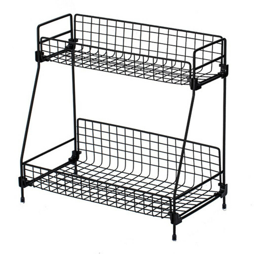 2 Tier Iron Rack Wire Basket Storage Container Desktop Shelf Kitchen Bathroom uk