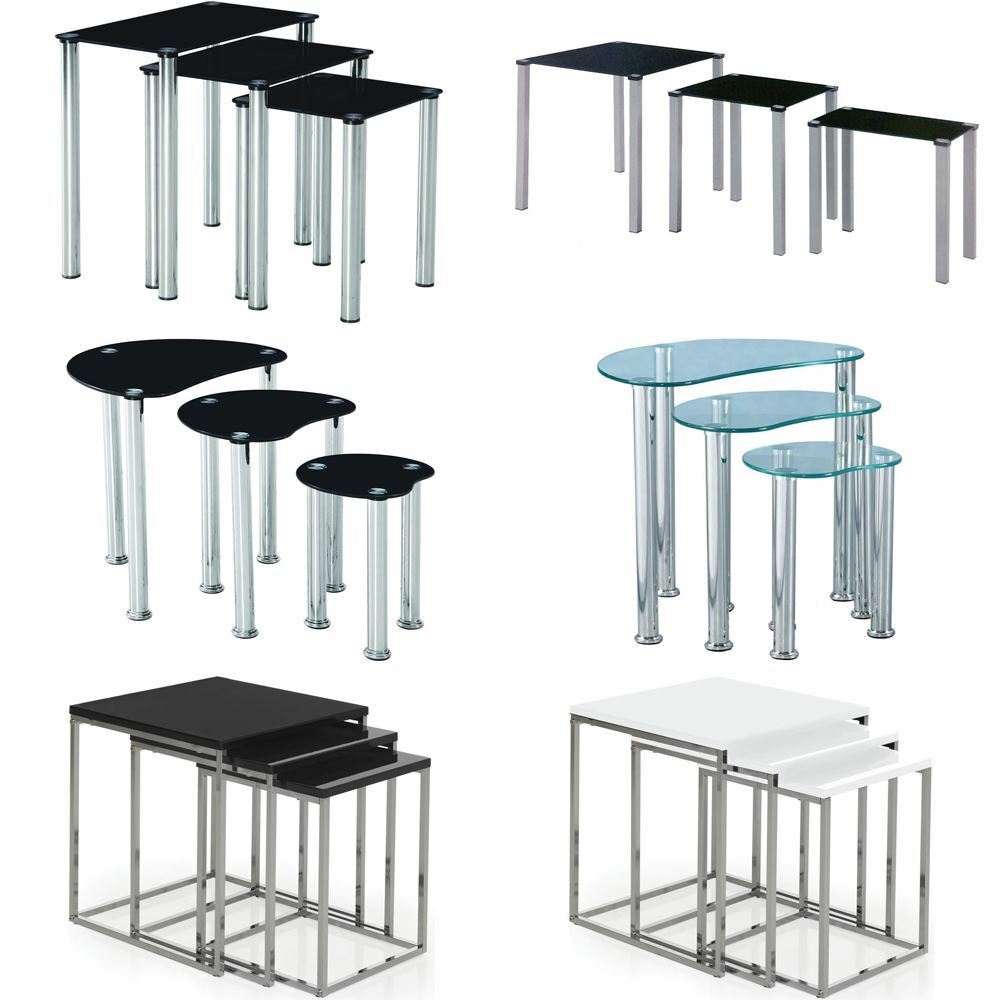 Nest Of Tables  Cara Luna Neptune 3 Set Unit Glass Stainless Steel Side End