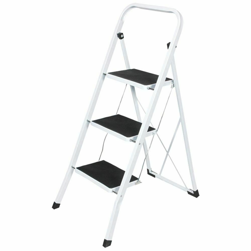 3 Step Ladder Folding Iron Stool Safe Anti-Slip Tread Mat White Black DIY