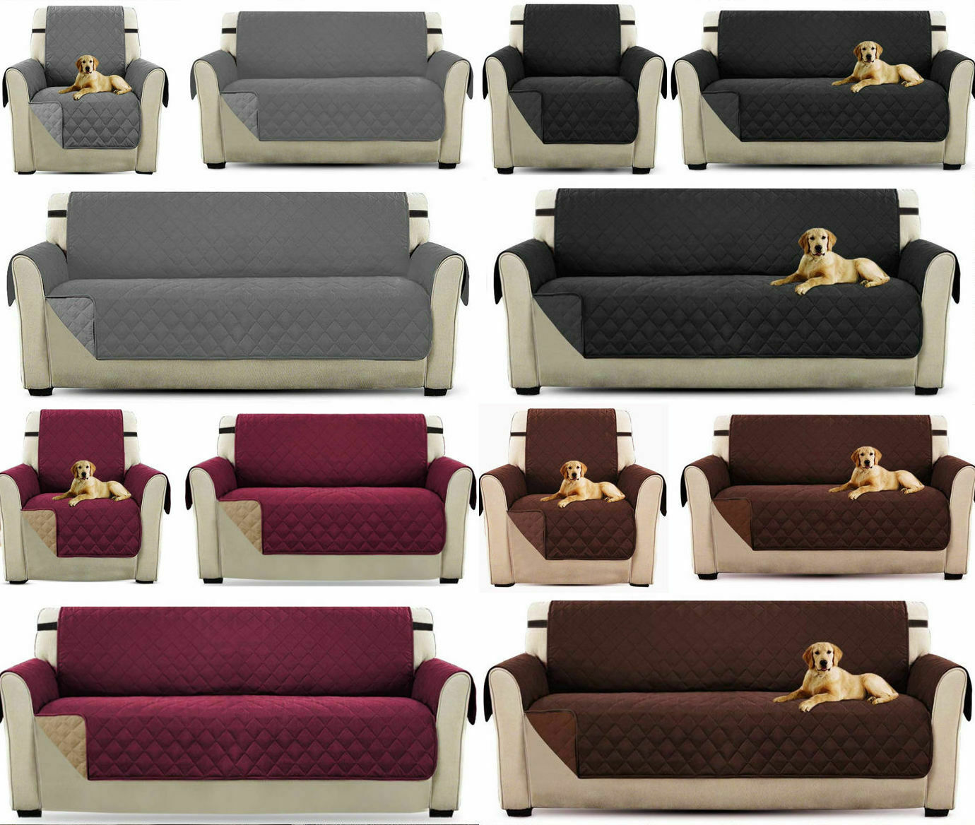 REVERSIBLE Quilted Sofa Cover Furniture Protector Throw Waterproof WITH STRAP