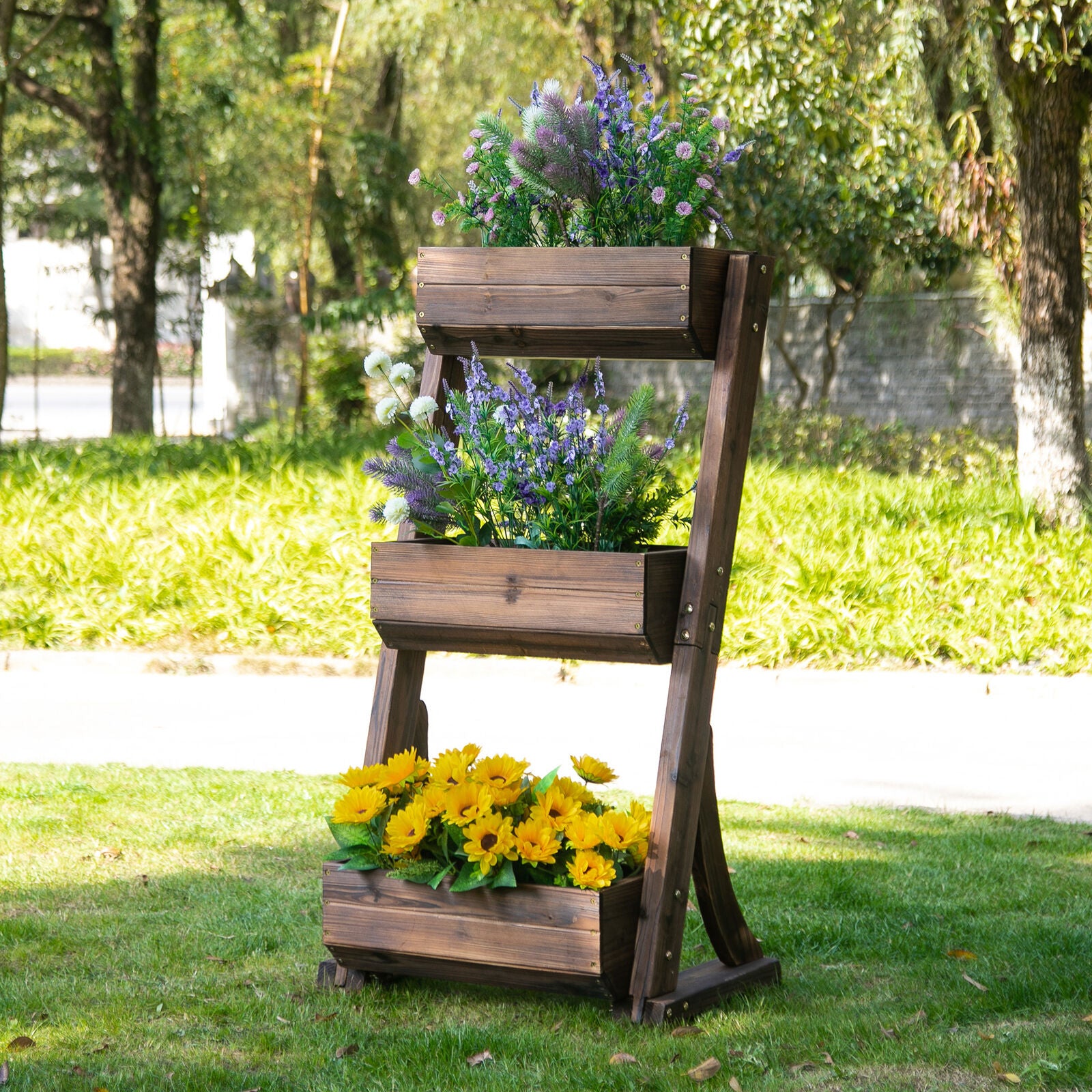 3-Tier Raised Garden Bed Vertical Freestanding Wooden Flower Rack