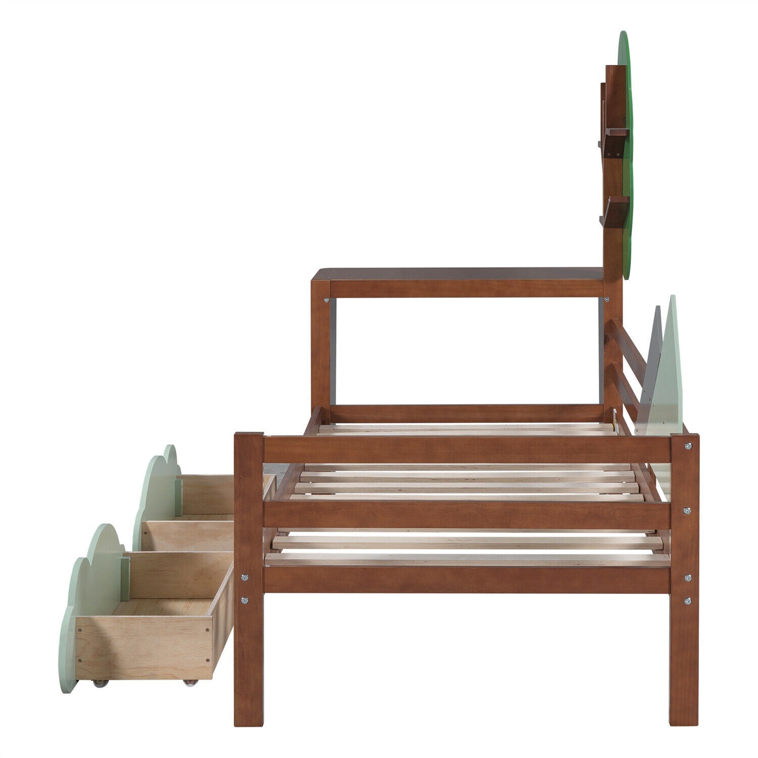Kids Toddler Bed 3ft Single Daybed Tree Shelves Storage Bed Frame w/ 2 Drawer HT