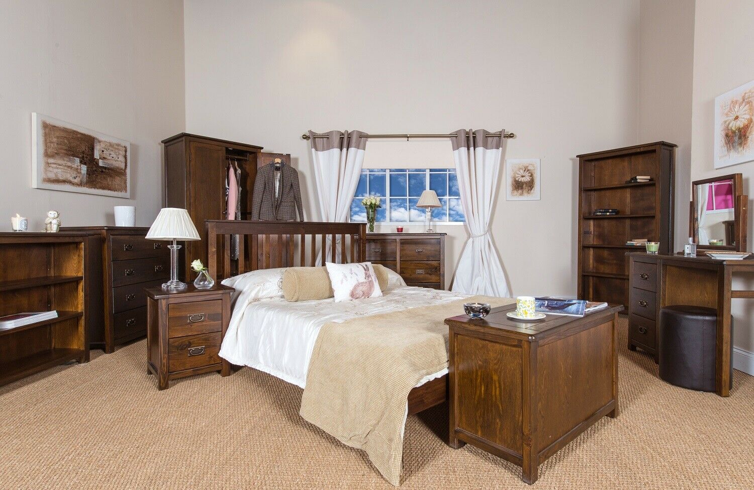 Dark Wood Bedside Cabinet Solid Pine 2 Drawer Side Table Nightstand Metal Handle