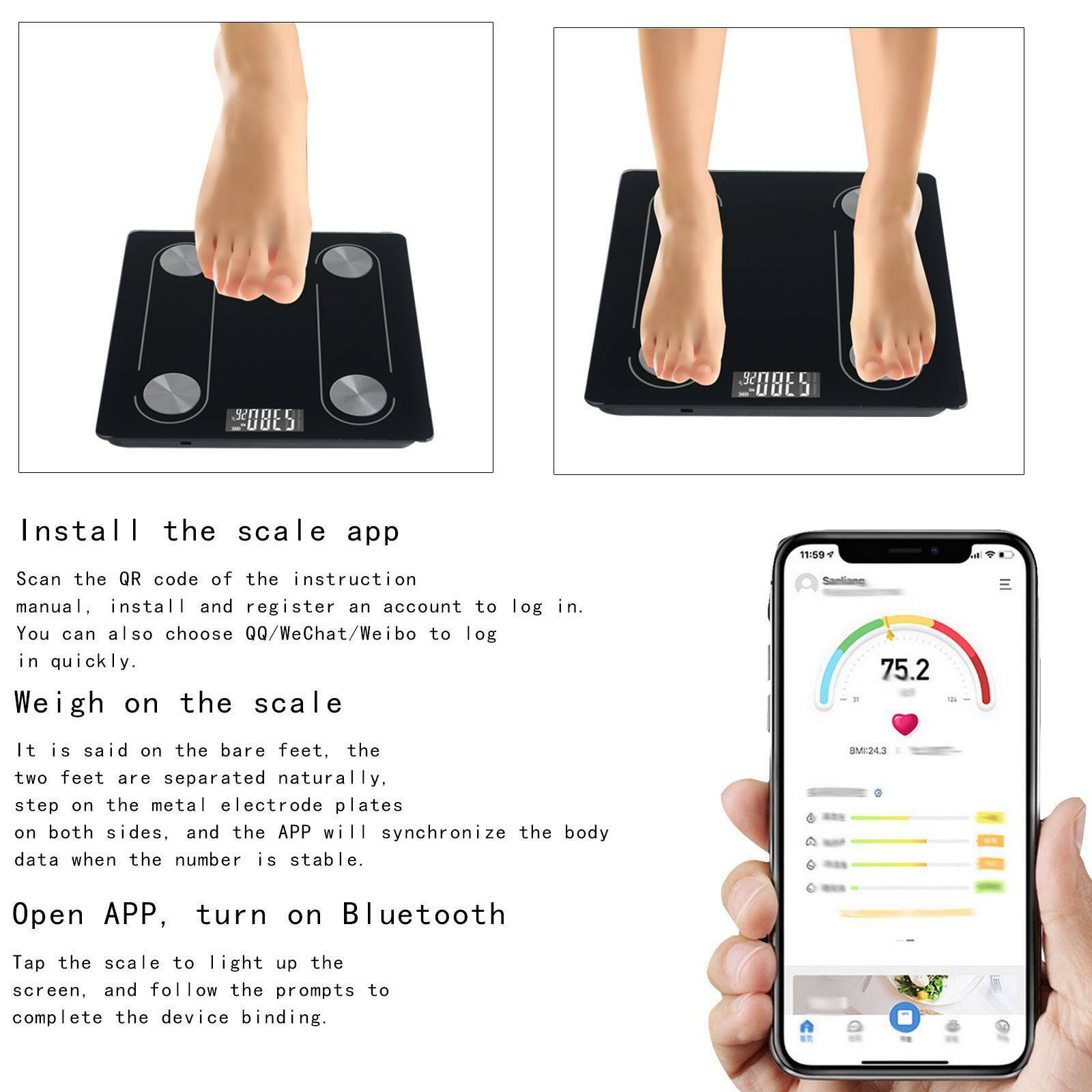 Bluetooth Scale Body Fat Scales BMI Bone Weighing Smart App For iOS Android
