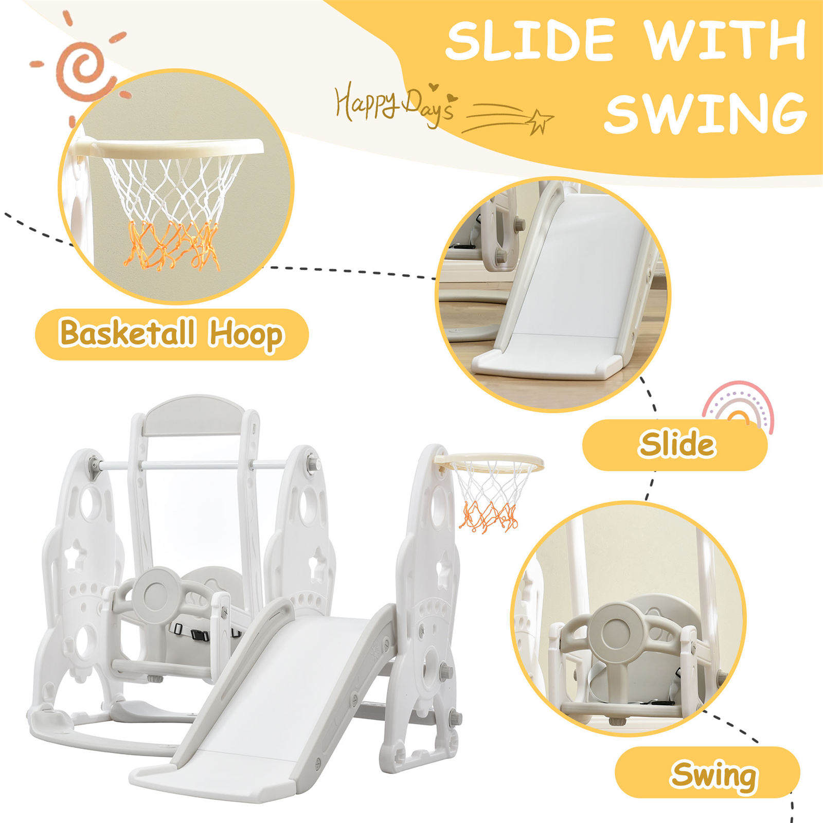 4 in 1 Kids Swing & Slide Set Toddler Baby In/Outdoor Climber Basketball Hoop HT