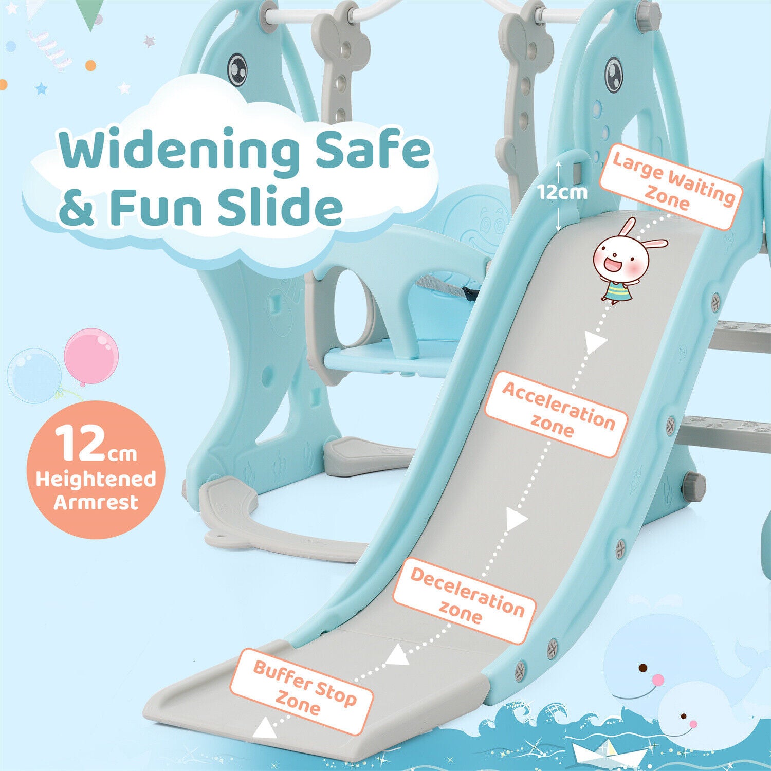 4 in 1 Kids Toddlers Swing & Slide Climber Set w/ Basketball Hoop In/Outdoor HT