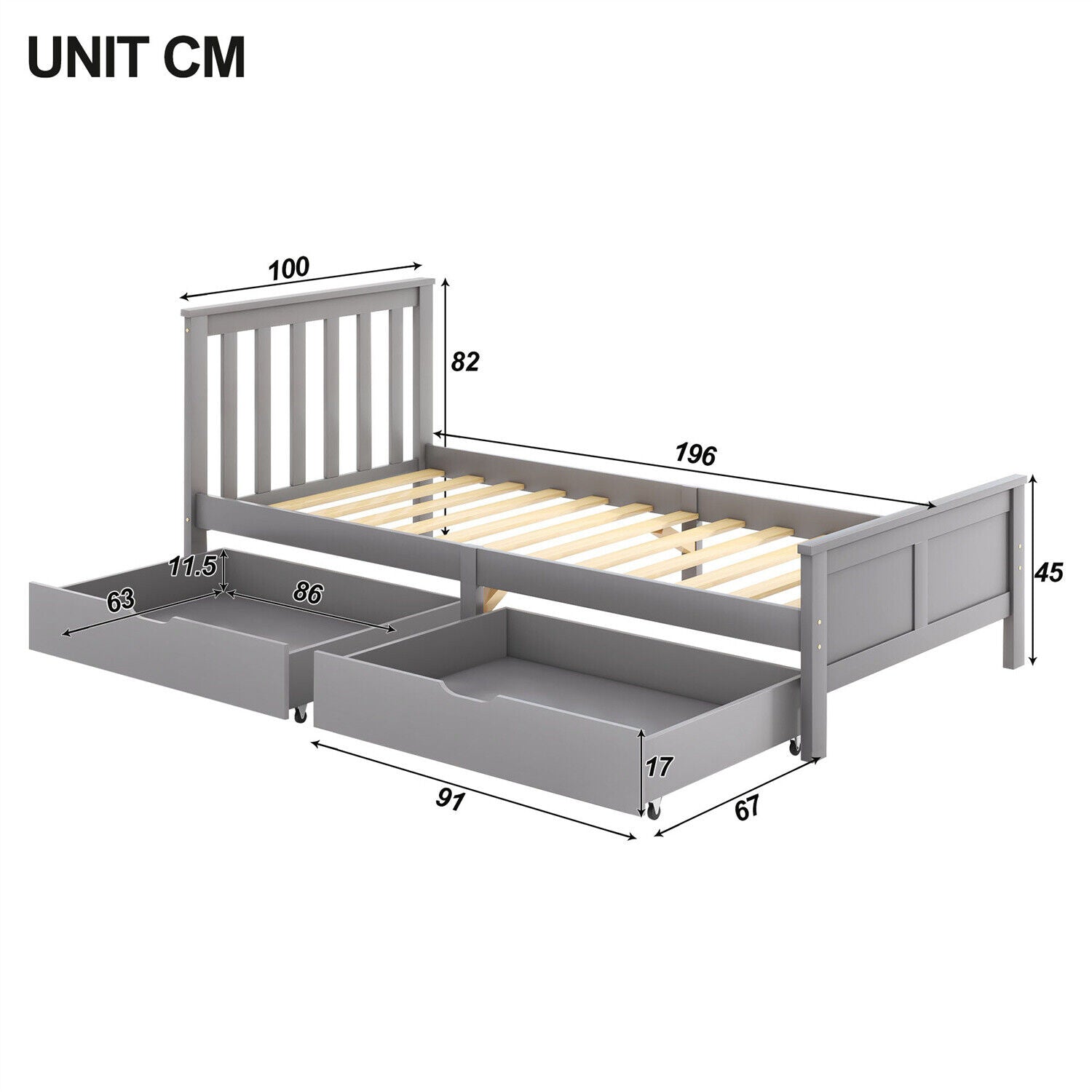 2 Drawers 3ft Single Wooden Solid Gray Pine Kids Storage Bed Frame 190x90 Grey