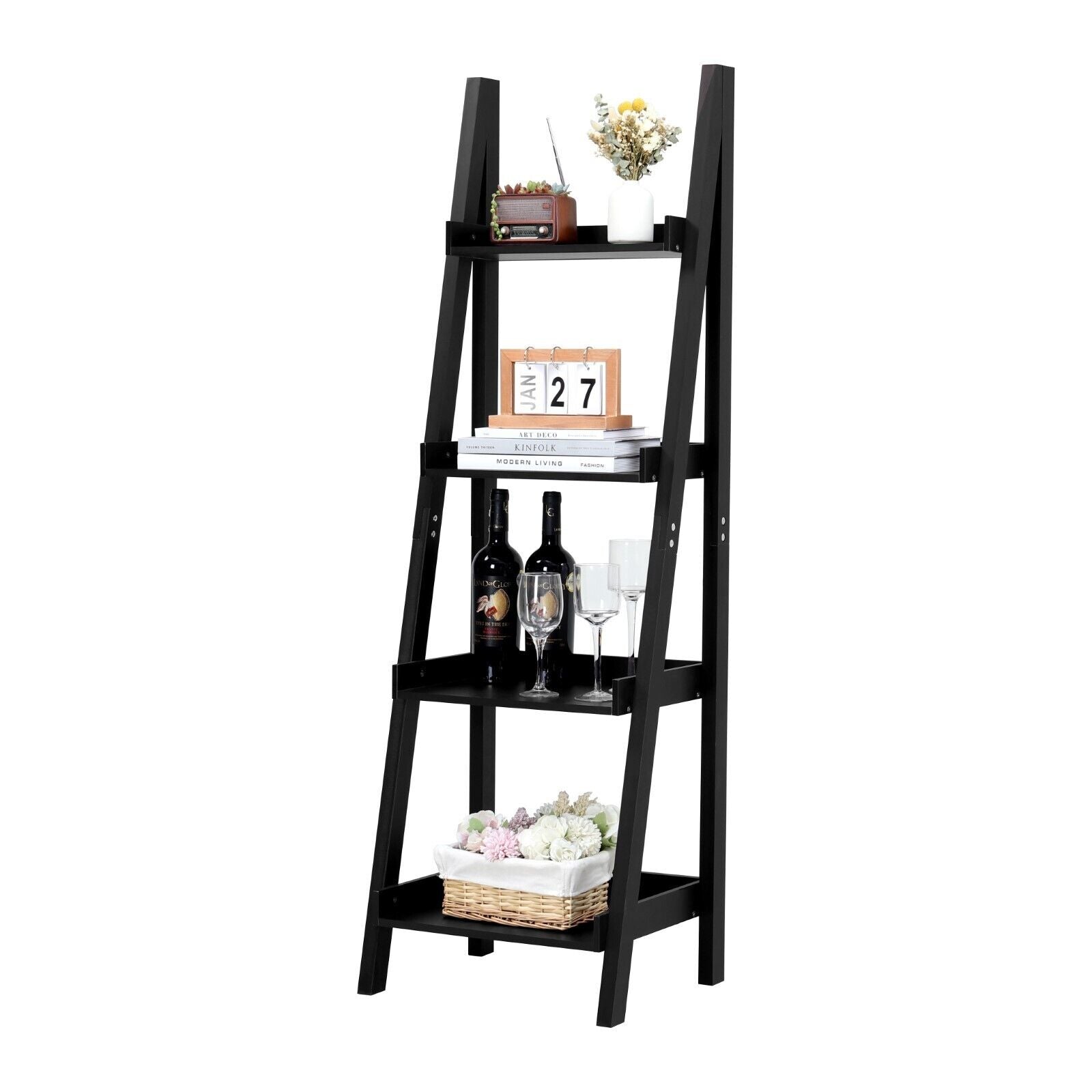 Ladder Shelf Book Shelving Unit 4 Tier Storage Display Stand Rack Home Bathroom