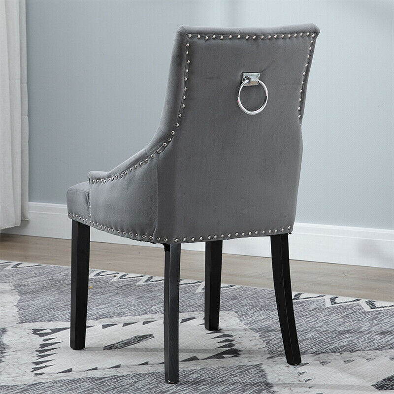 2x Accent Dining Chairs Grey Button Tufted Velvet with Rivets Knocker Chairs New