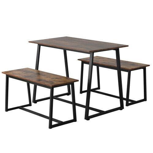 4-Seater Dining Table Set with 2 Benches Breakfast Kitchen Furniture Steel Frame