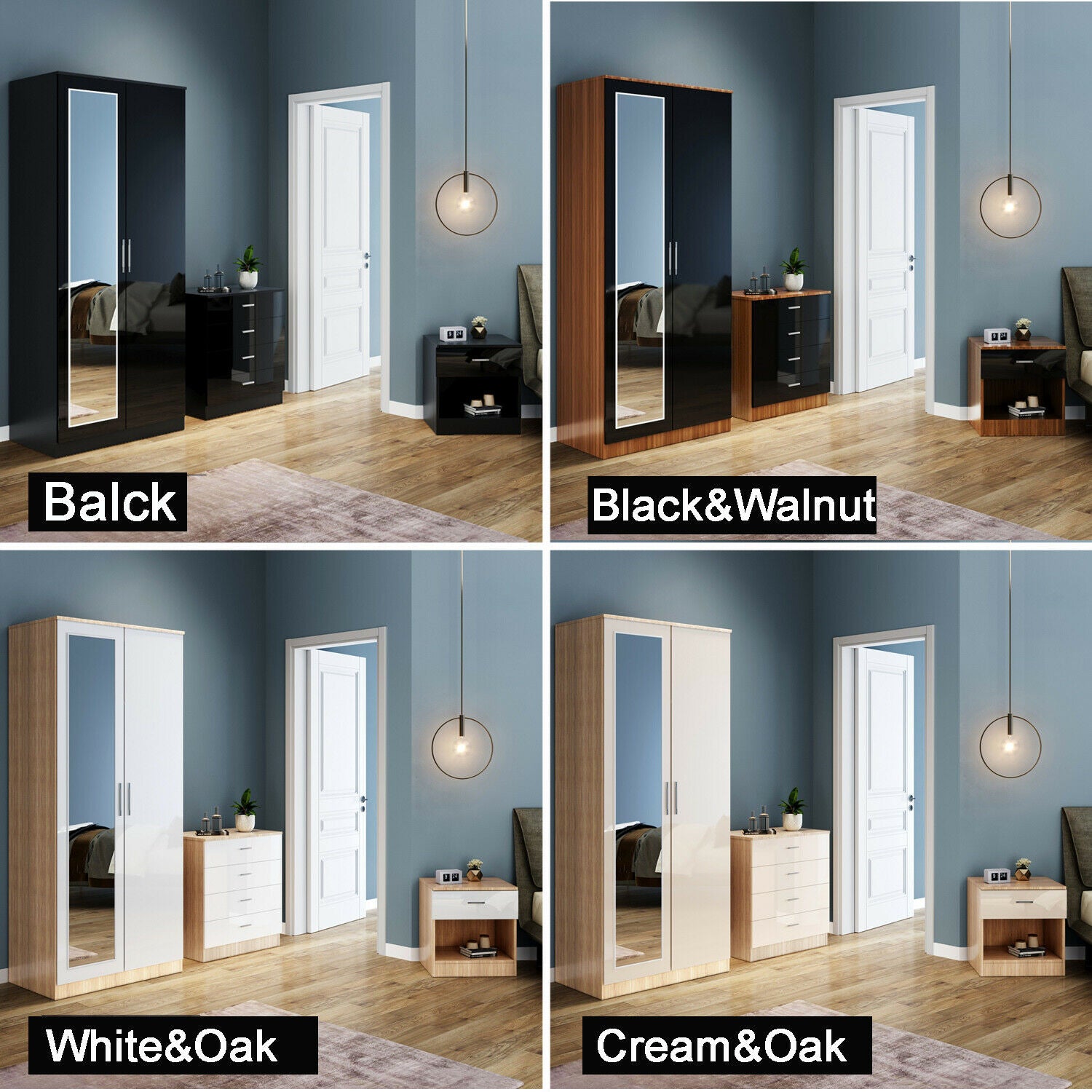 High Gloss 2 Door Wardrobe Mirrored Bedroom Furniture 3 pcs Set Large Storage
