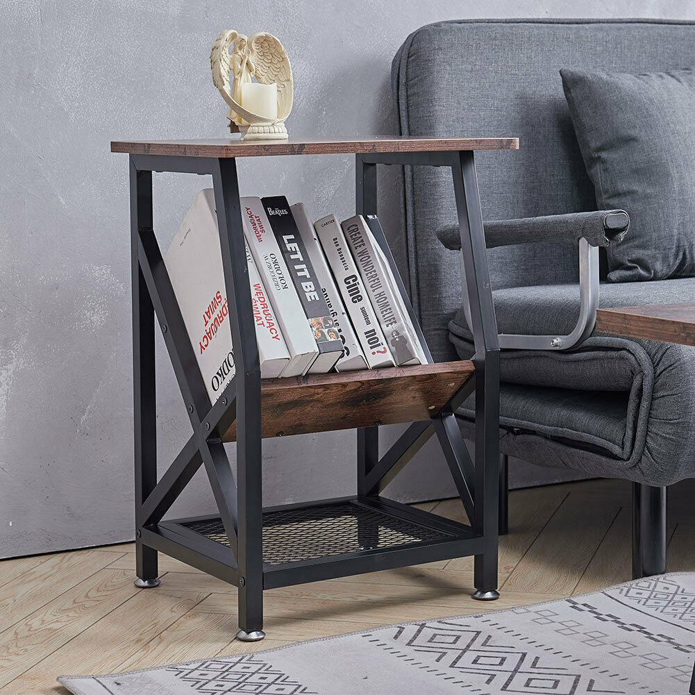 Retro Side End Coffee Table With Magazine Rack Bookshelf Lamp Table Nightstand