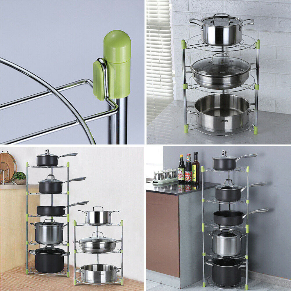 3/5 Tiers Saucepan Frying Pan Pot Storage Rack Shelf Stand Kitchen Organizer NEW