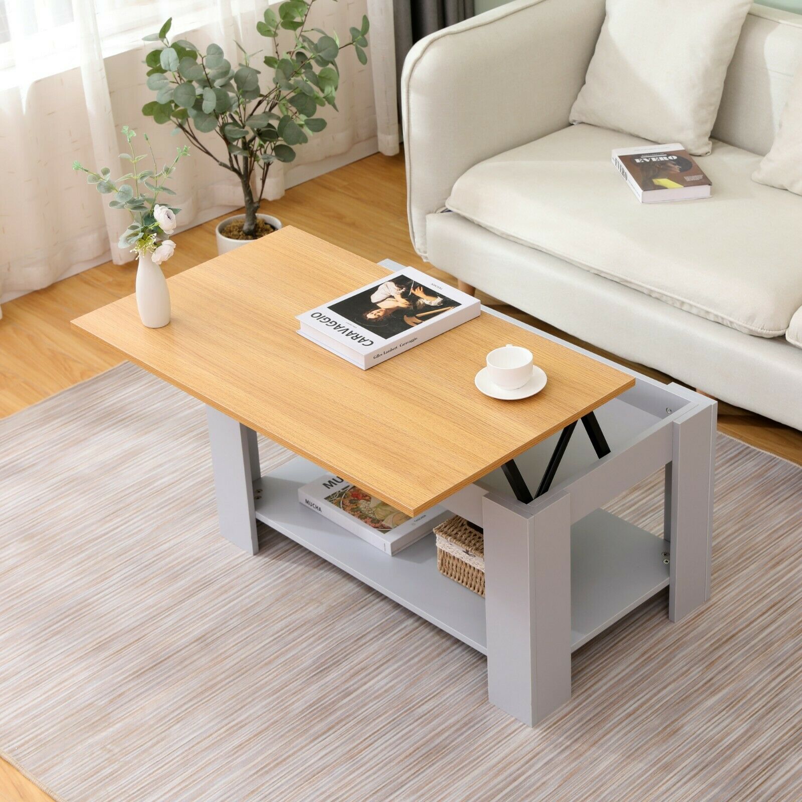 Living Room Lift Up Top Coffee Table with Storage Shelf Different Color Choice