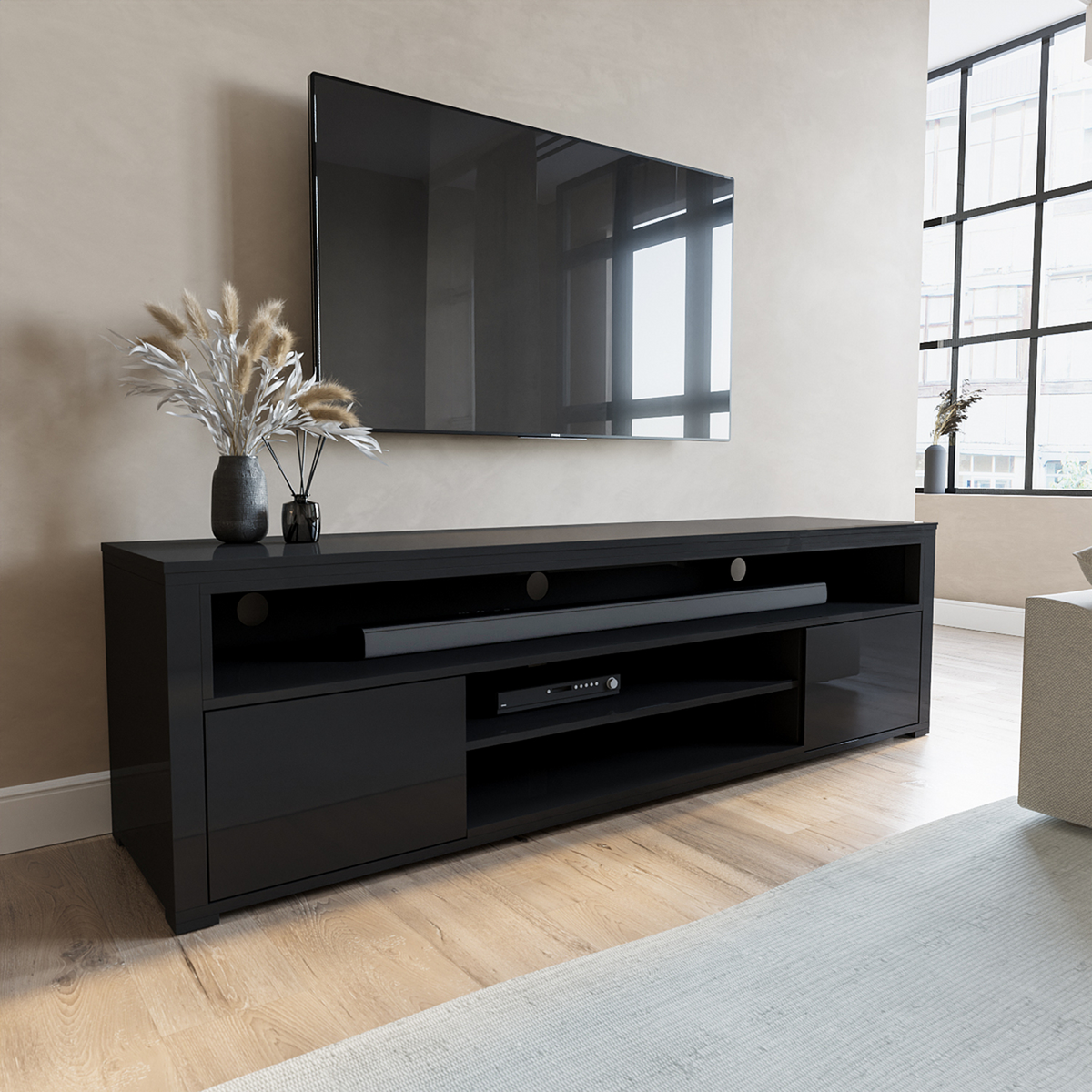 Modern High Gloss Black TV Unit with Soundbar Shelf Media Storage Cabi