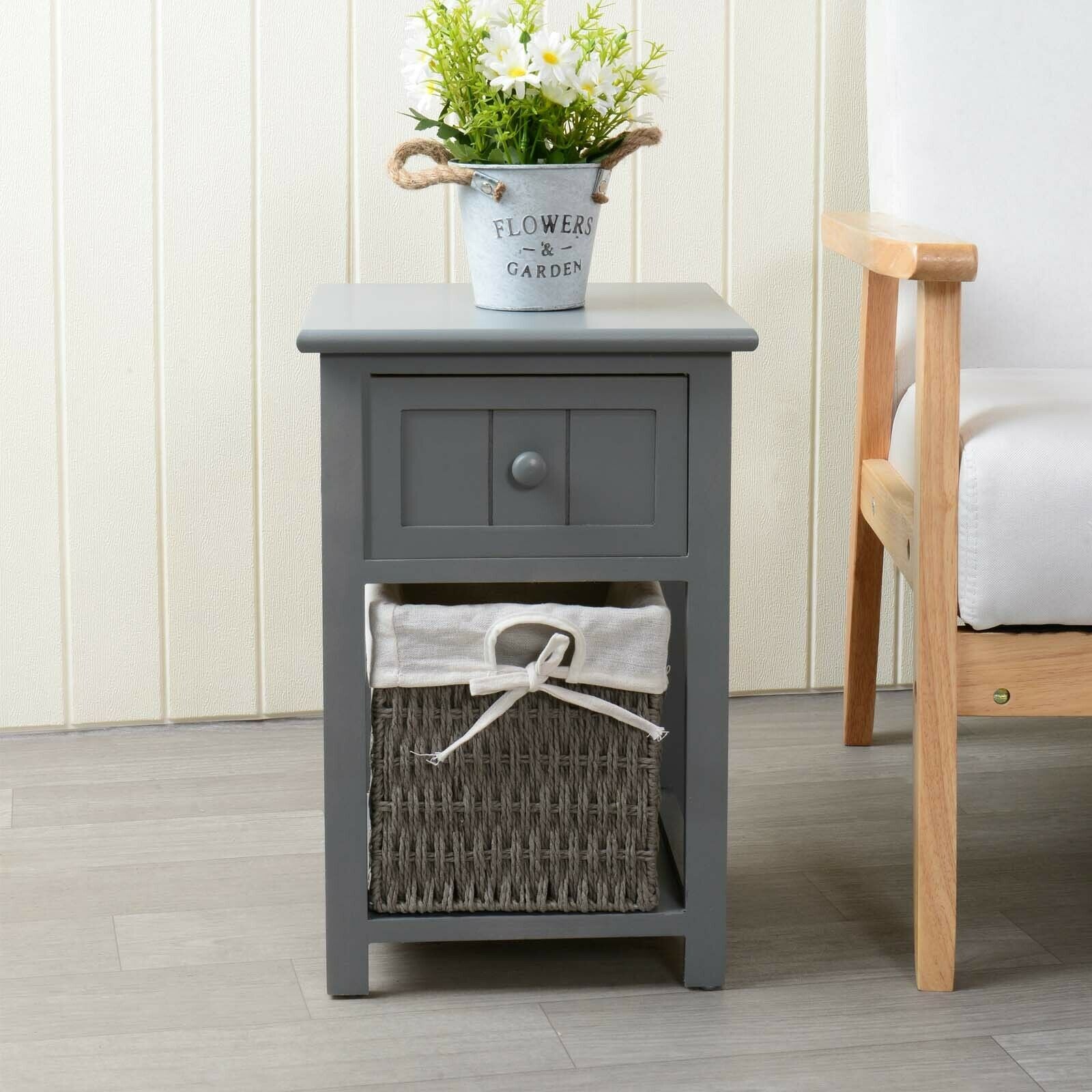 New Grey Bedroom Bedside Table Unit Cabinet Nightstand Wicker Storage Wooden UK