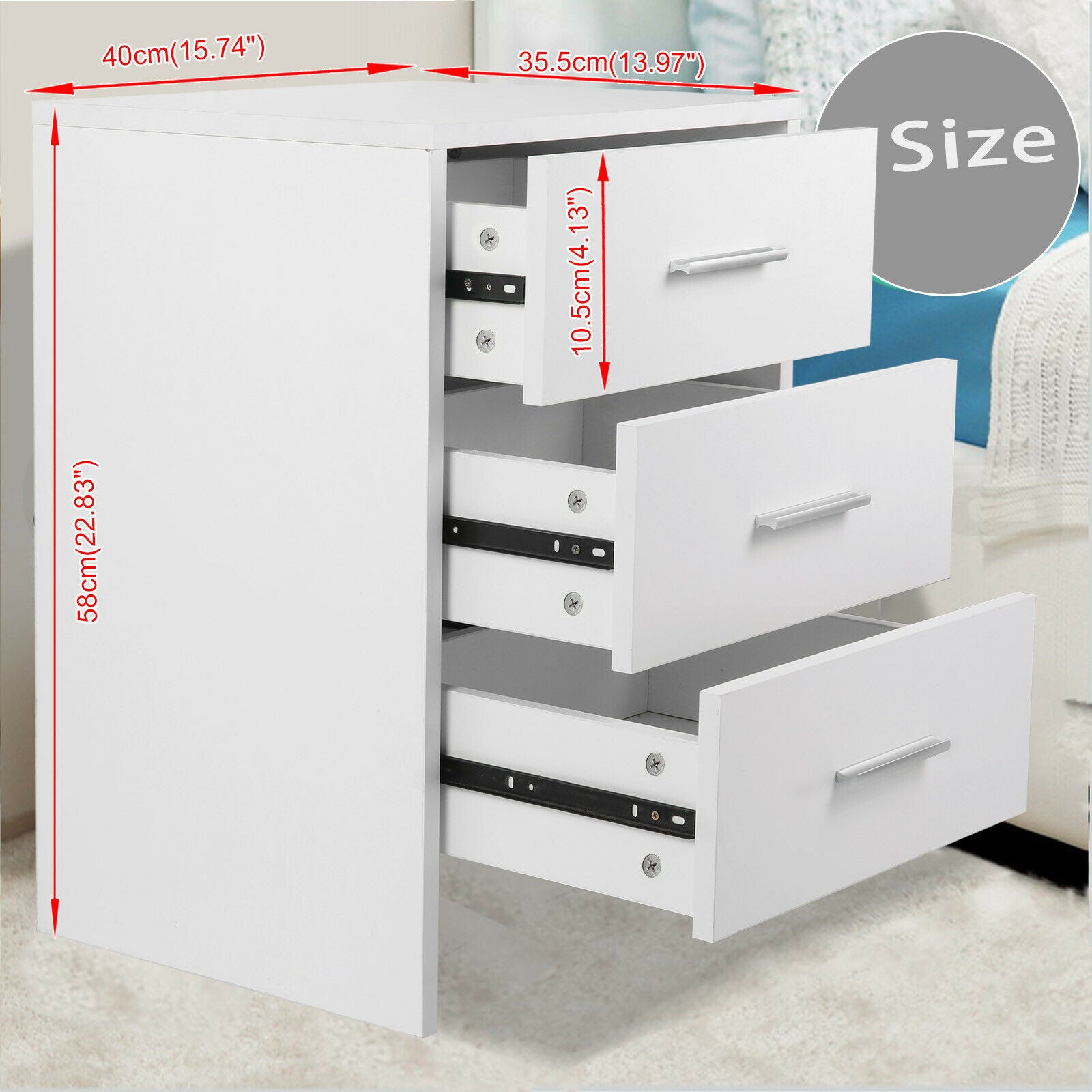 3 Drawers Bedside Table Nightstand Cabinet Bedroom Furniture Storage Home White
