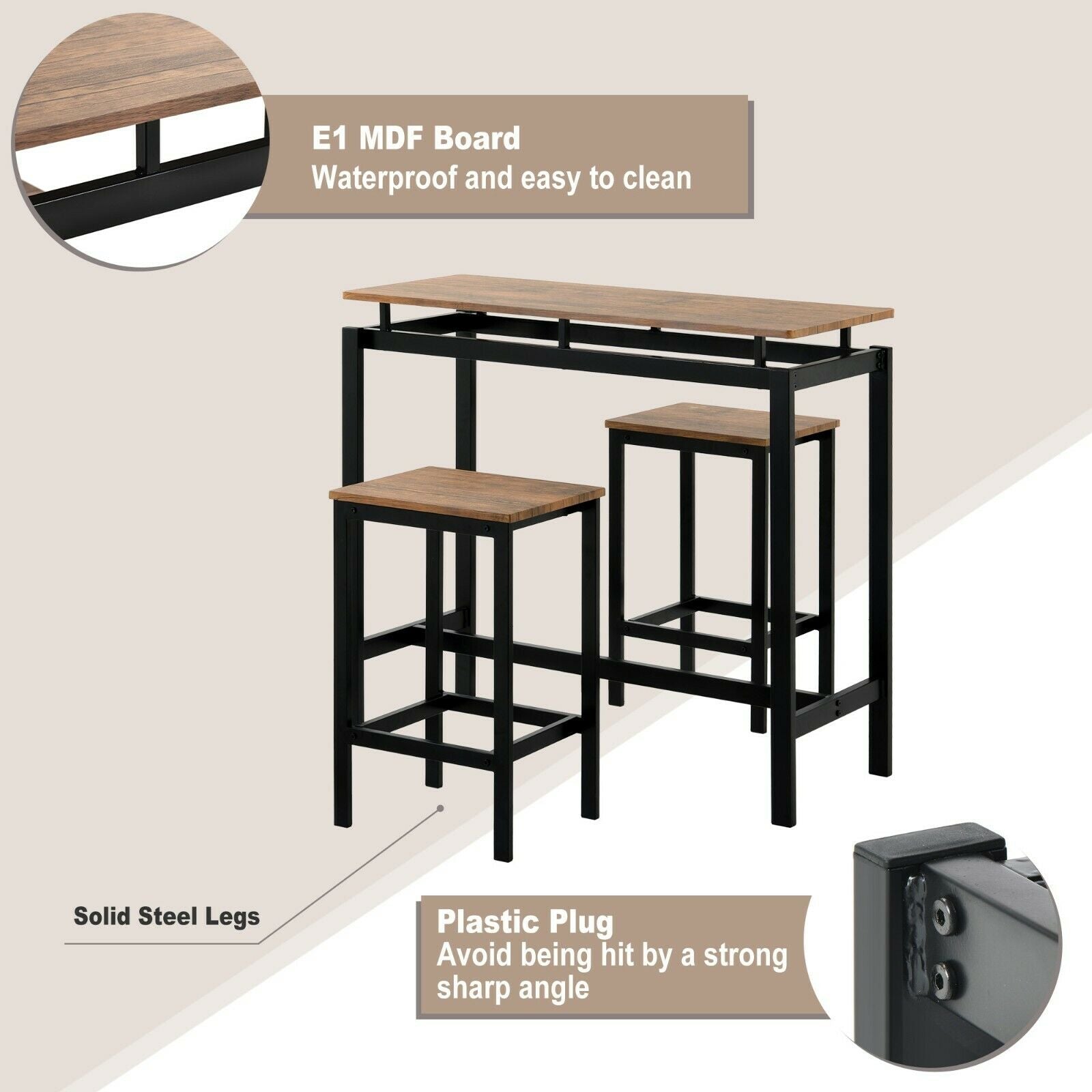 Bar Table and Stool Set For Kitchen Dining Room 2 Metal And Wood Stools High