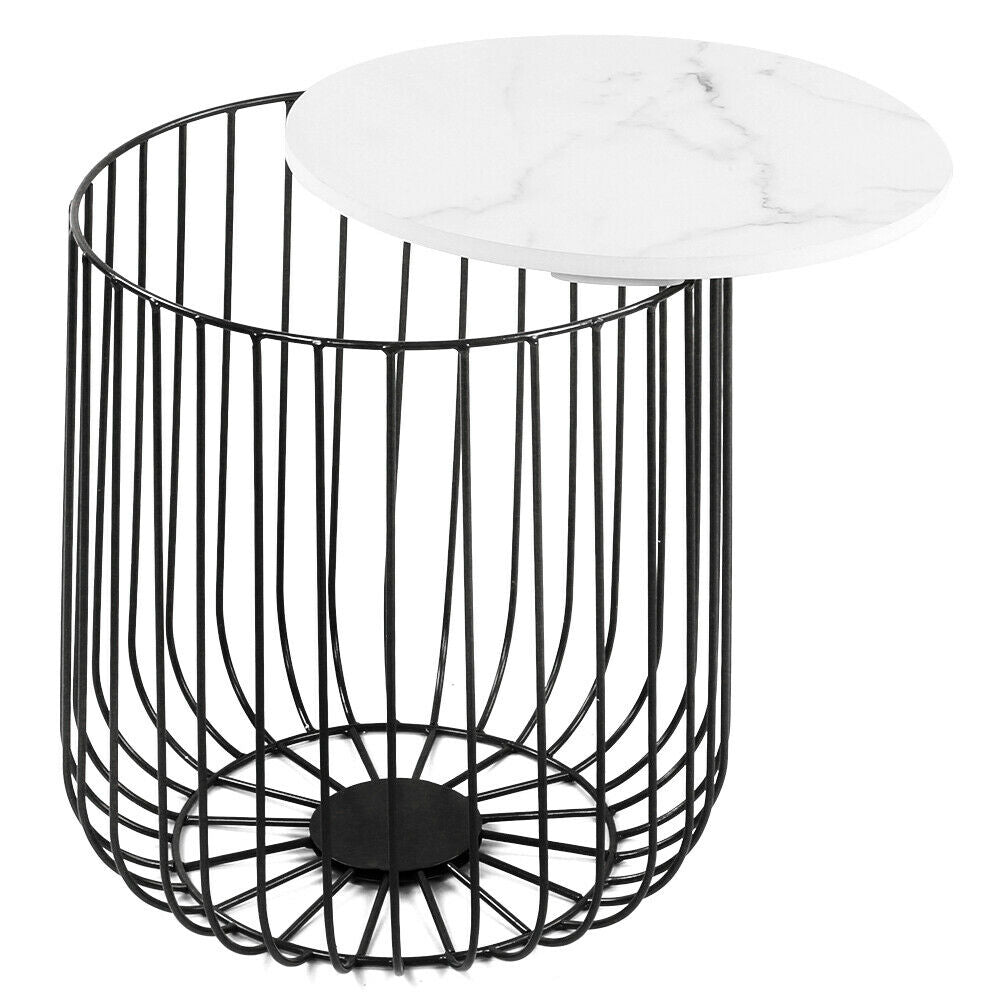 Retro Metal Wire Round Wood Storage Coffee Side Table Basket Home Furniture