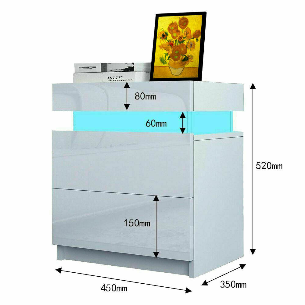 High Gloss Bedside Table Nightstand Chest Cabinet Unit with Drawers LED Lighting