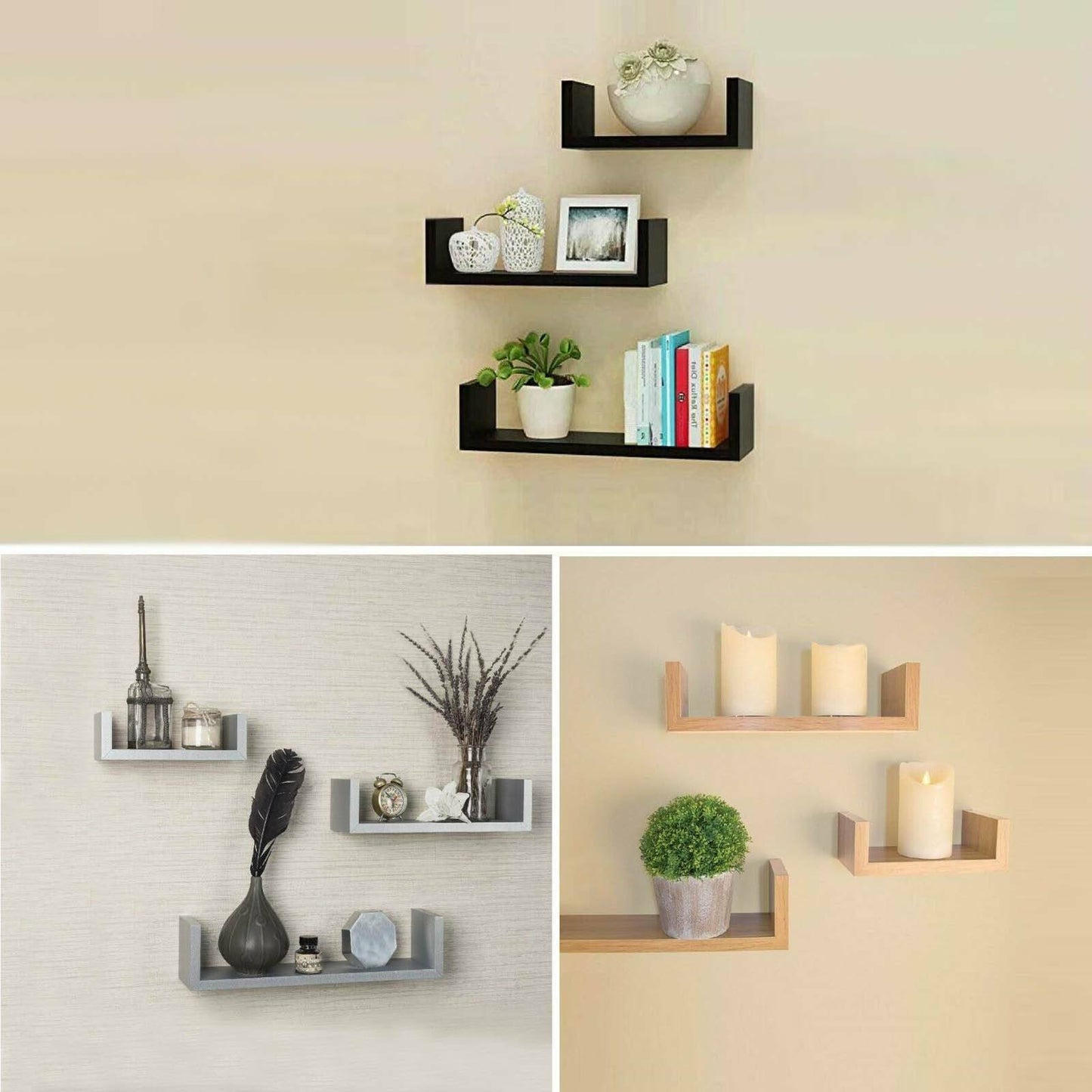 Set of 3 U Shape shelves Floating Wall Shelve Home Decor Storage Wood Shelf Unit