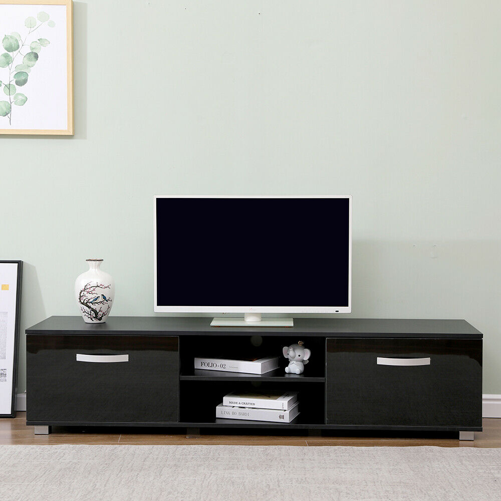 TV Cabinet with 2 High Gloss Doors&2 Shelves Matt Body, White/Black