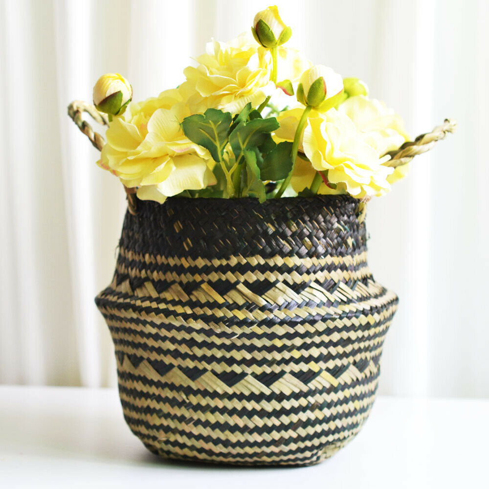 Elegant Seagrass Belly Basket Bag Garden Decor Laundry Storage Plant Pot Basket