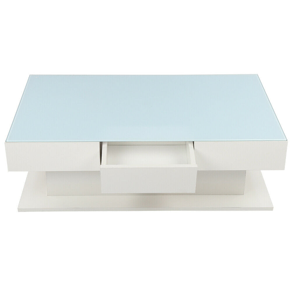 Modern Coffee Table High Gloss 2 Drawers Tempered Glass Living Room Furniture