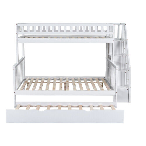3ft & 4ft6 Kids Wooden Bunk Beds with Stairs and Pull Out Trundle Bed Frame HT