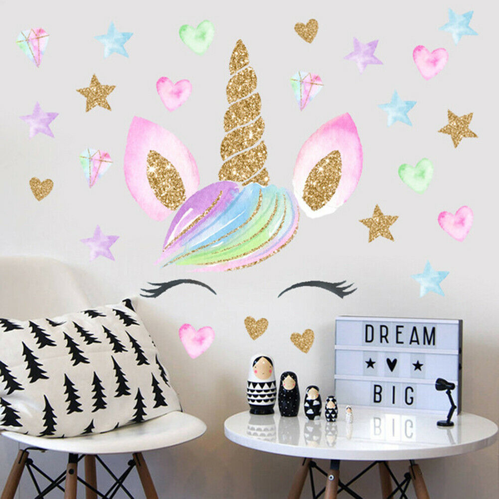 HIGH QUALITY UNICORN HEAD Wall Stickers Rainbow Decor Cute Pink Nursery Kid Room