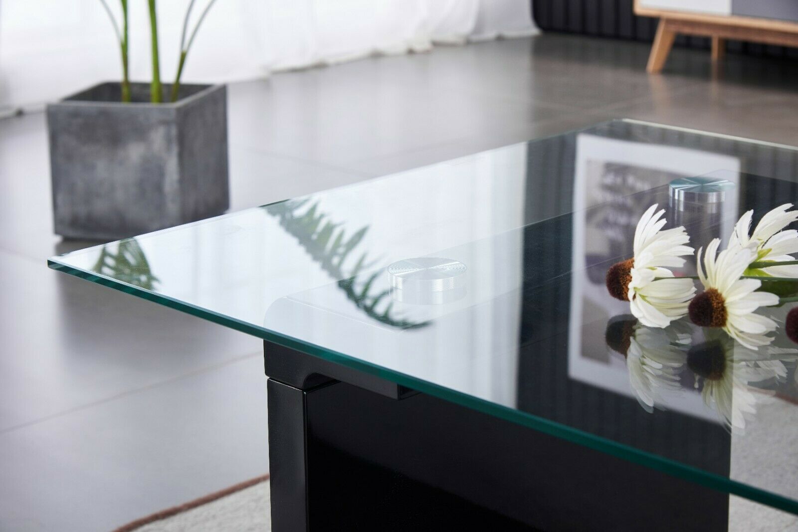 Modern Clear Glass Top with Black Shelf & Black High Gloss Coffee Table Home
