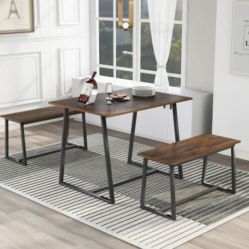 4-Seater Dining Table Set with 2 Benches Breakfast Kitchen Furniture Steel Frame
