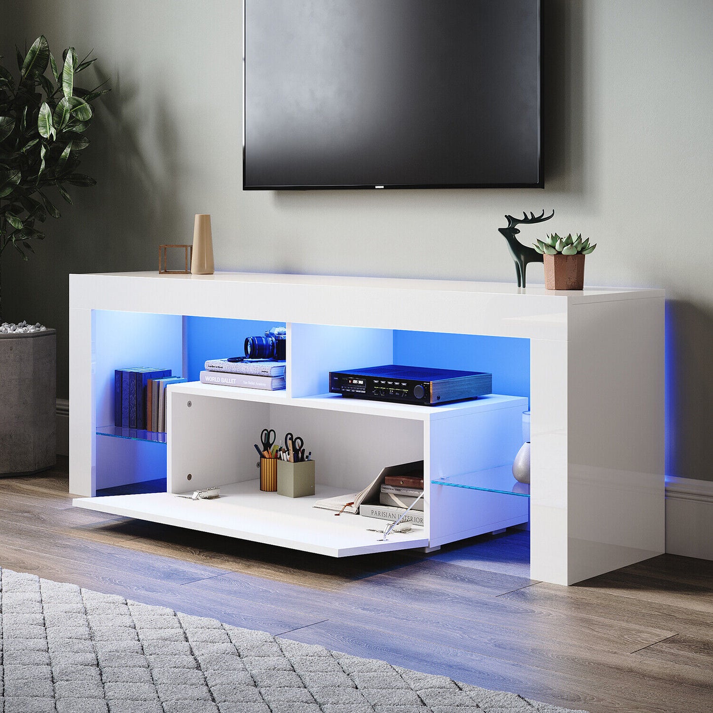 High Gloss White 140cm TV Stand Cabinet Unit Drawer Sideboard with LED Lights