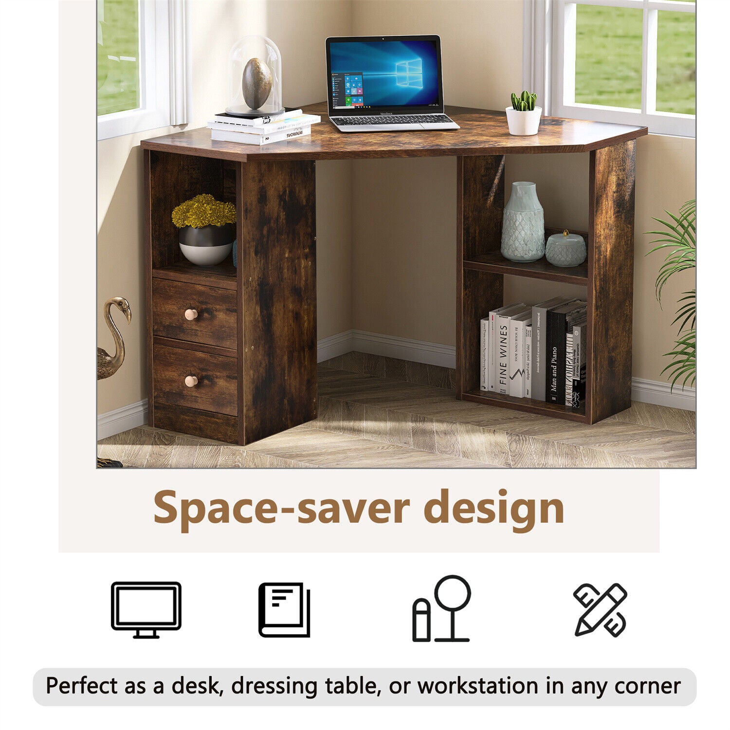 Corner Computer Desk with Drawers & Storage Shelves Home Office Study Table HT
