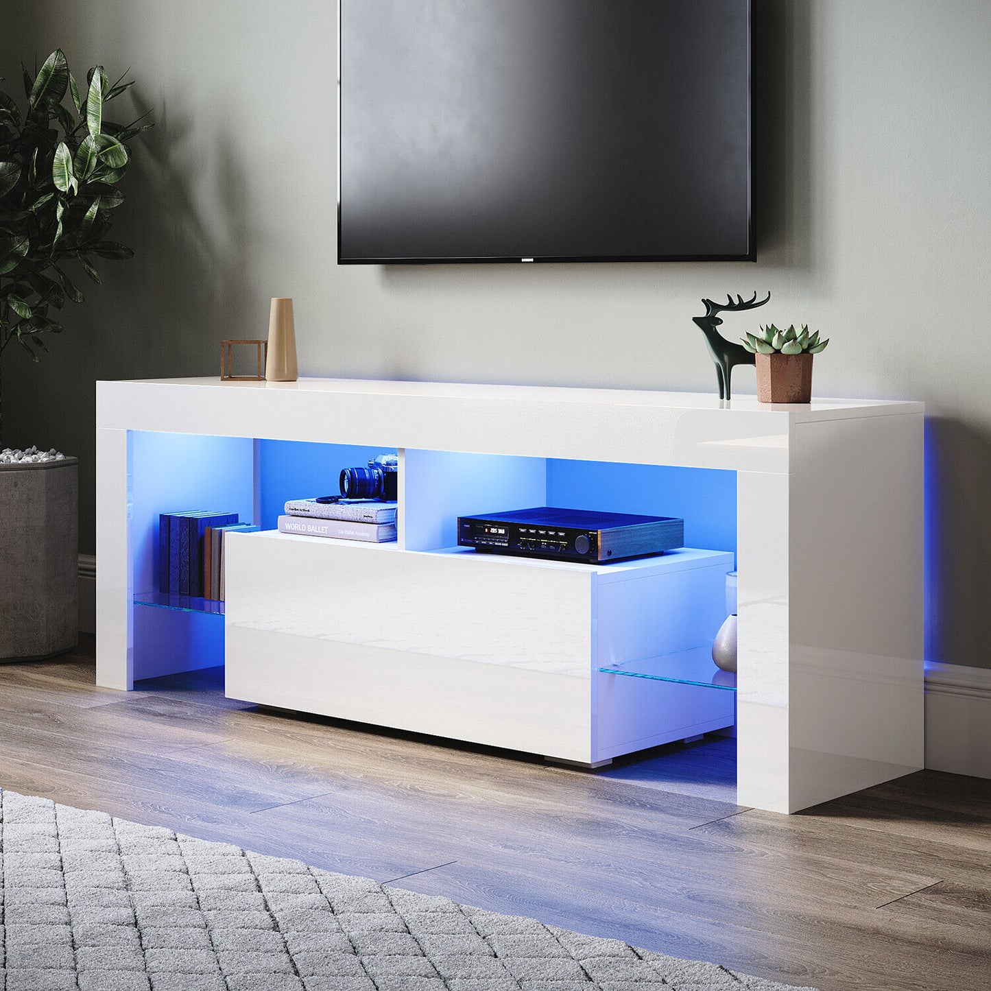 High Gloss White 140cm TV Stand Cabinet Unit Drawer Sideboard with LED Lights