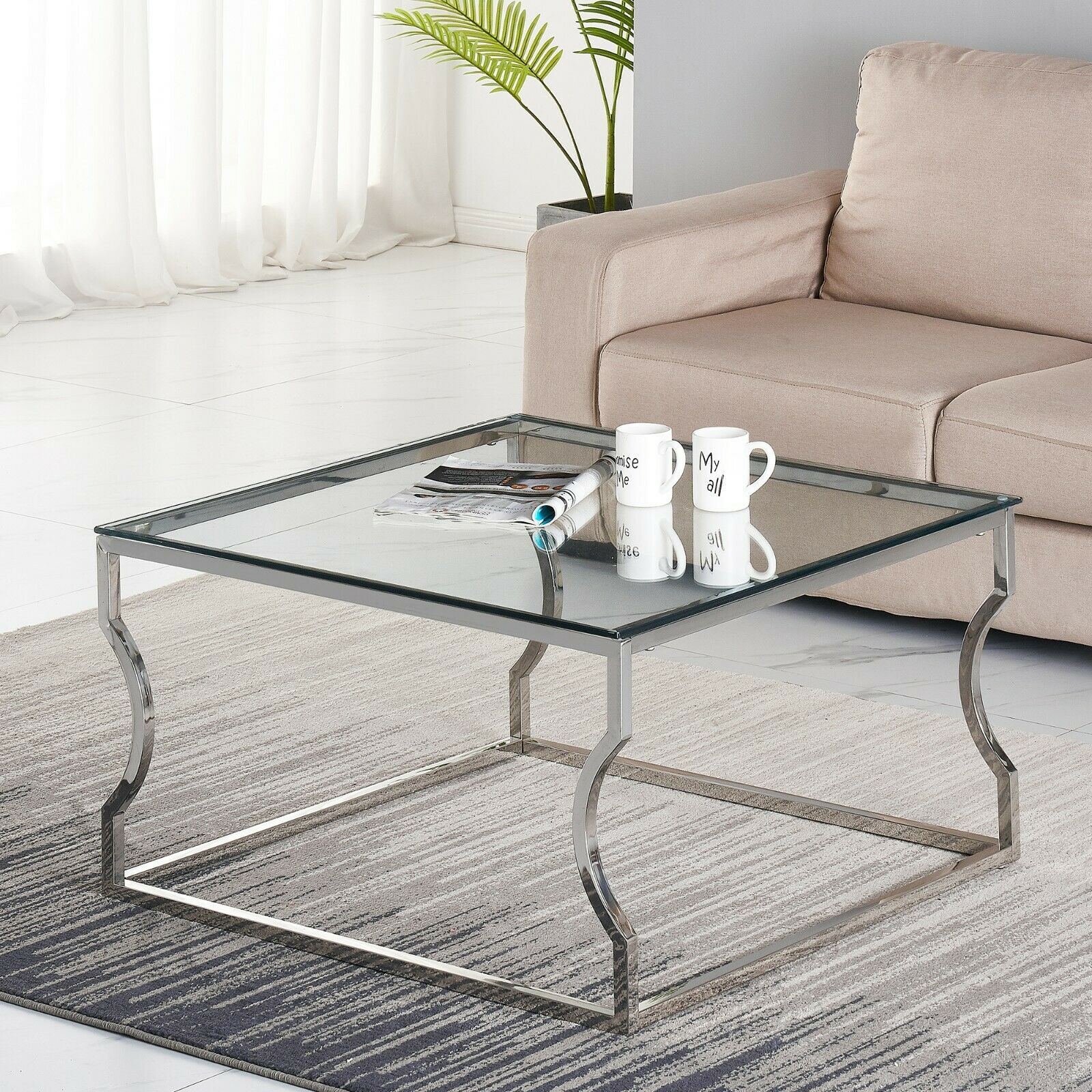 Console Coffee End Table Tinted Tempered Glass Furniture Chrome Crescent Leg
