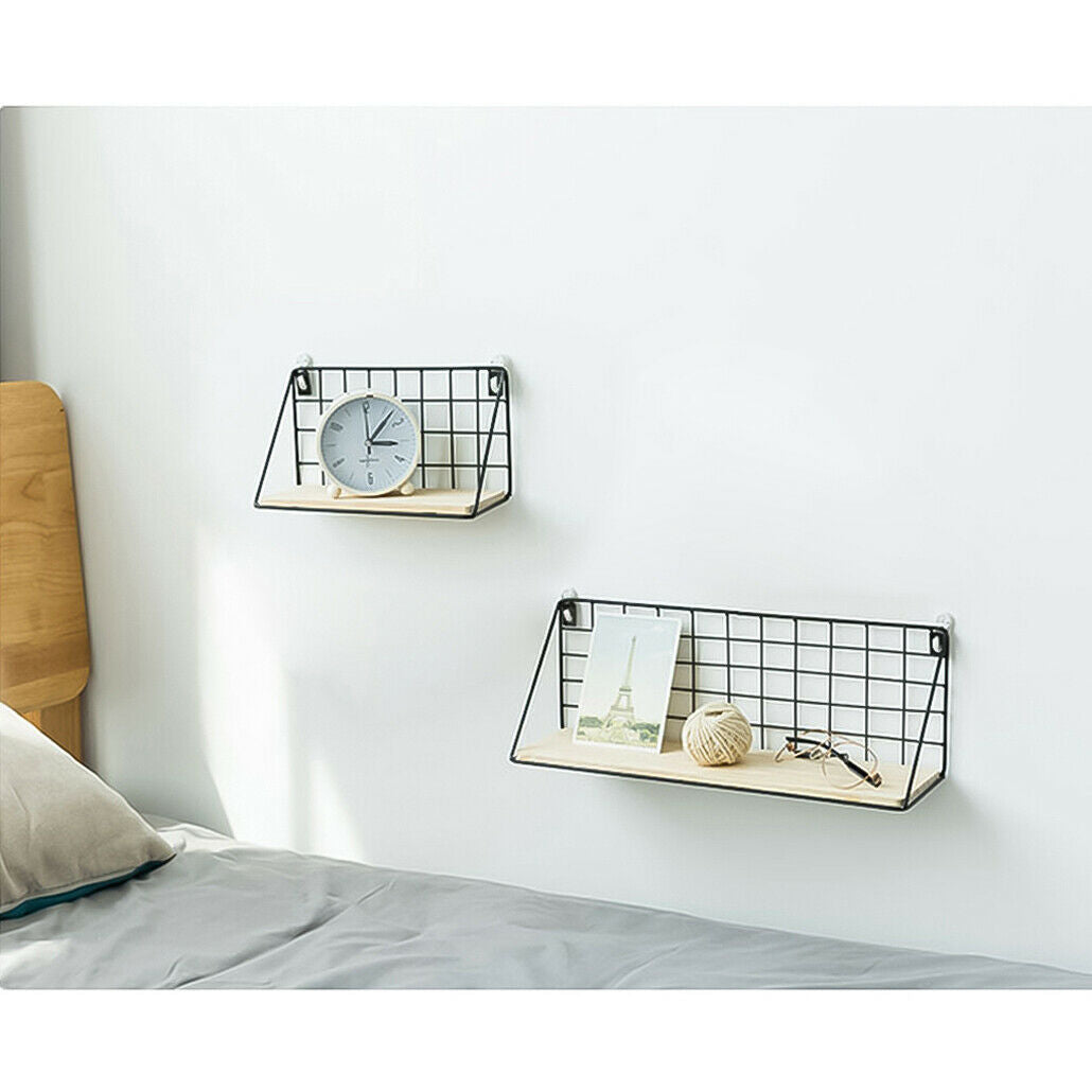 Vintage Industrial Wall Mounted Shelf Unit Metal Wire Floating Shelves Wood Rack