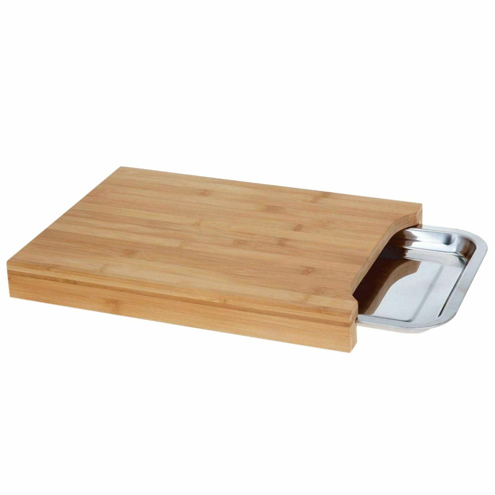 Bamboo Wooden Chopping Board with Stainless Steel Tray Cutting Dicing UK Kitchen