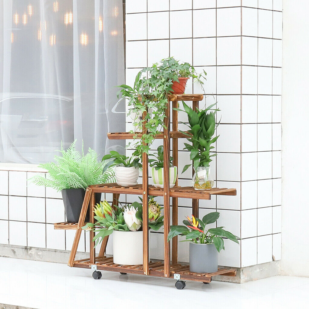 Pinewood Solid Plant Stand Shelf MULTI TIER Flower Pots Storage Display Wheeled