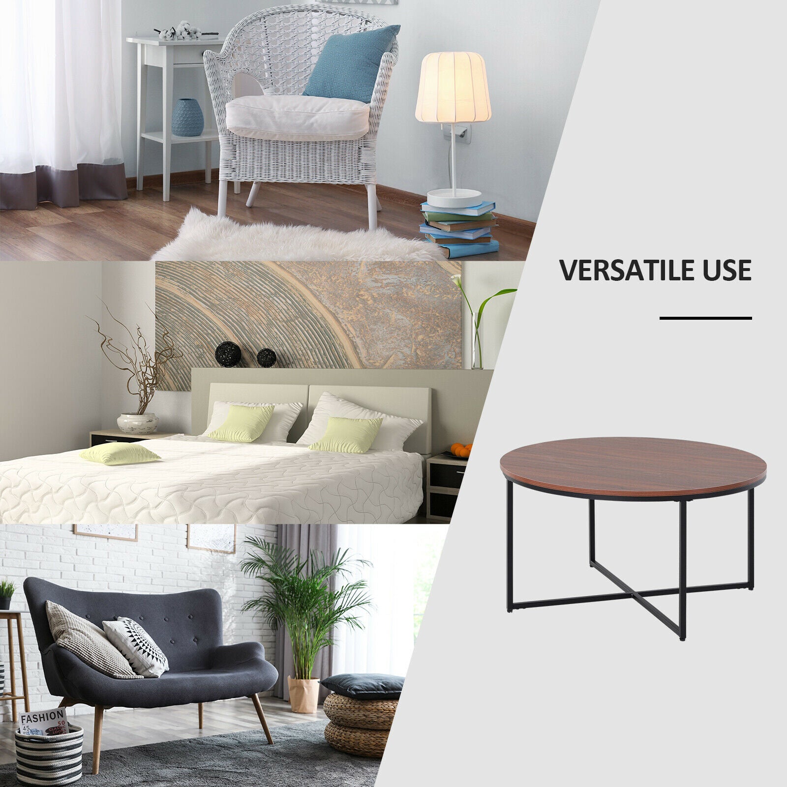 Modern Coffee Table Metal Frame Solid Tabletop Unique Cross Base - Brown